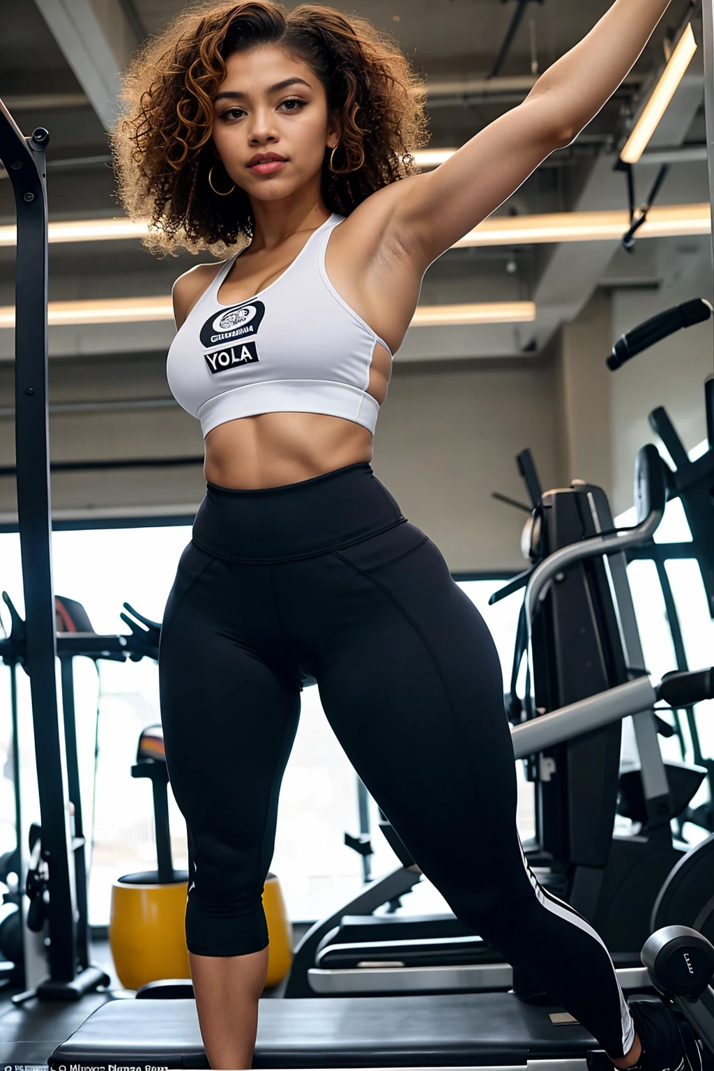 Zendaya, full breasts, curly hair, dressed in a sports top and tight yoga pants, various poses in a gym, lush body with rounded, not too big breasts and a rounded, pert ass