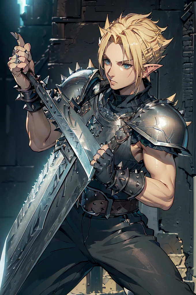 (((Masterpiece of the highest quality.))), (((medieval fantasy))), (((Extreme details))), ((medieval fantasy swordsman)), ((based on cloud strife)), (medieval punk), ((fantasy great sword)) (((ultra detailed))), (((male))), ((Alone)) ((male elf)), ((A 25 year old elf.))), (175 cm tall), ((blonde hair with spikes)), ((short spiky hair)), ((Brown eyes)), ((Exquisite and detailed face)), ((detailed expressive eyes)), ((standing)), ((Perfect eyes)), ((perfect your hands)), ((euphoric expression)), ((medieval half steel half black letter armor)), ((holding a huge greatsword in his right hand)), ((detailed great sword)), (((4k))), ((Additional quality)), (Additional details), ((exquisite eyes)), ((standing battle stance)), ((Background of the battle)), ((cinematic lighting)), (((full body character))), ((extreme care to detail)), ((movie effects)), (war zone background)