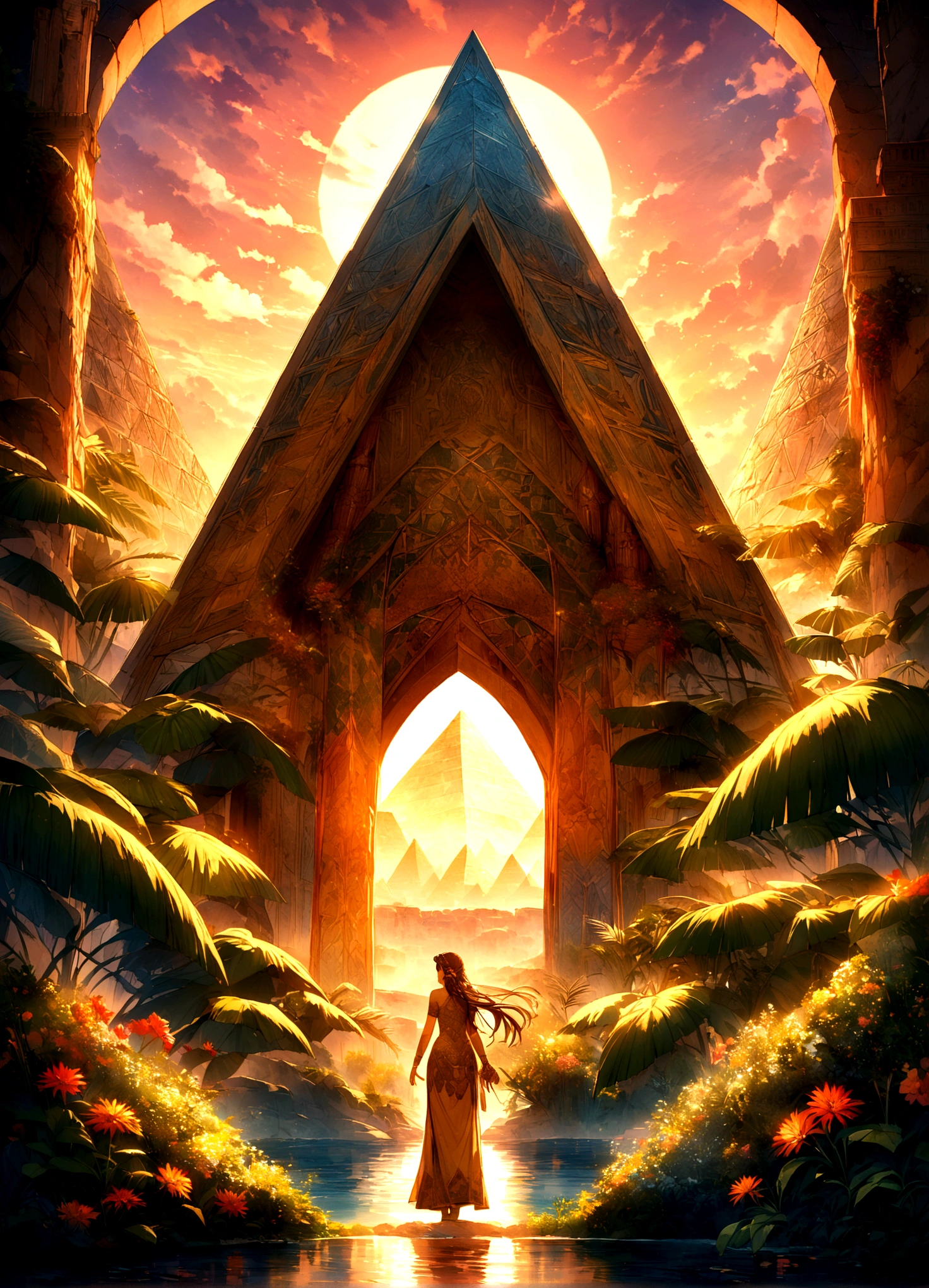 "A vibrant scene depicting the ancient civilization of the lost continent of Mu. The people have a mix of diverse and unique features, reflecting a blend of various ancient cultures. They are dressed in ornate, flowing garments made of unknown, shimmering materials, with intricate patterns and symbols. The setting is a grand city with majestic stone structures, towering pyramids, and lush gardens filled with exotic plants and flowers. The background showcases a brilliant sunset over the ocean, hinting at the continent's mysterious and advanced nature. The atmosphere is mystical, with a sense of ancient wisdom and advanced technology."