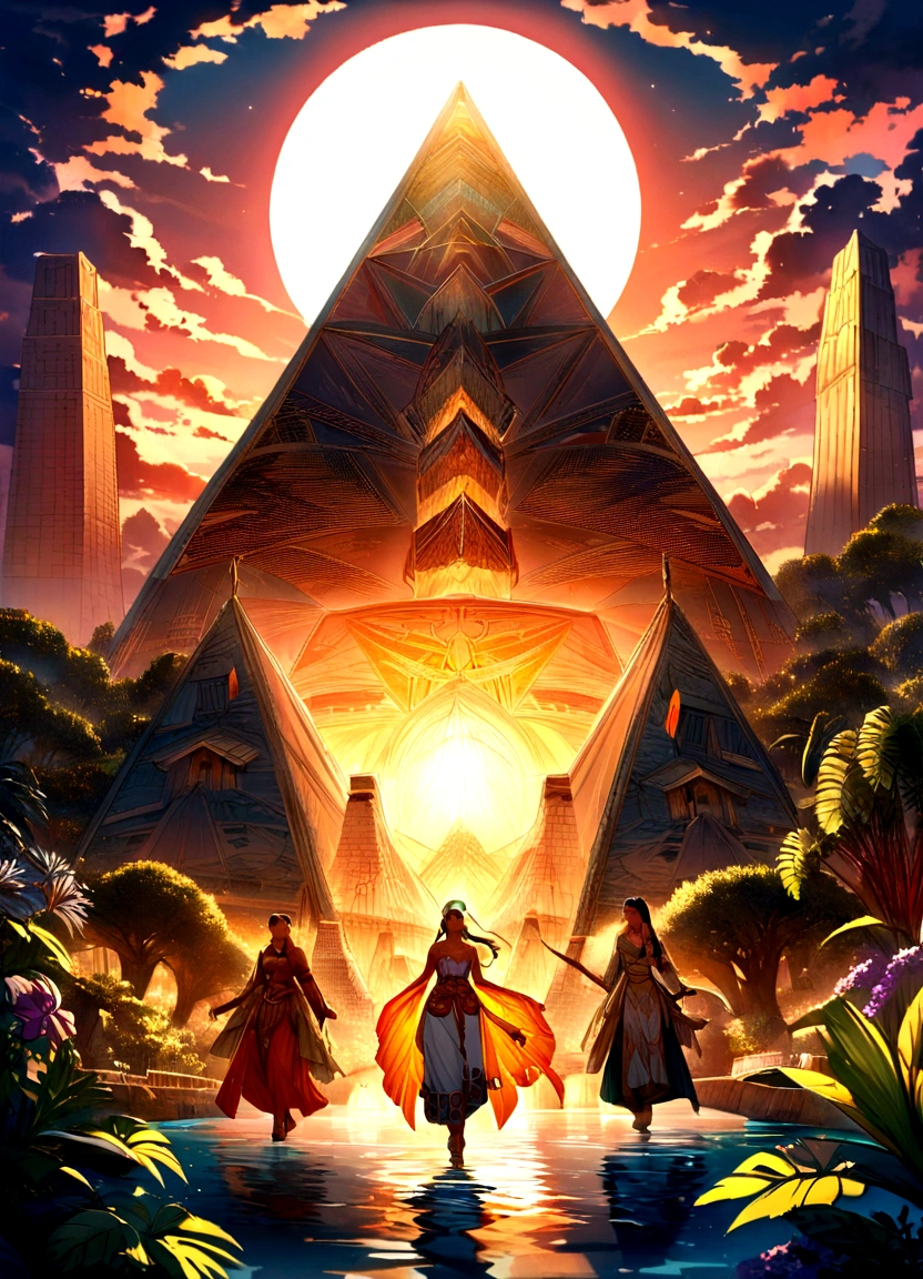 "A vibrant scene depicting the ancient civilization of the lost continent of Mu. The people have a mix of diverse and unique features, reflecting a blend of various ancient cultures. They are dressed in ornate, flowing garments made of unknown, shimmering materials, with intricate patterns and symbols. The setting is a grand city with majestic stone structures, towering pyramids, and lush gardens filled with exotic plants and flowers. The background showcases a brilliant sunset over the ocean, hinting at the continent's mysterious and advanced nature. The atmosphere is mystical, with a sense of ancient wisdom and advanced technology."
