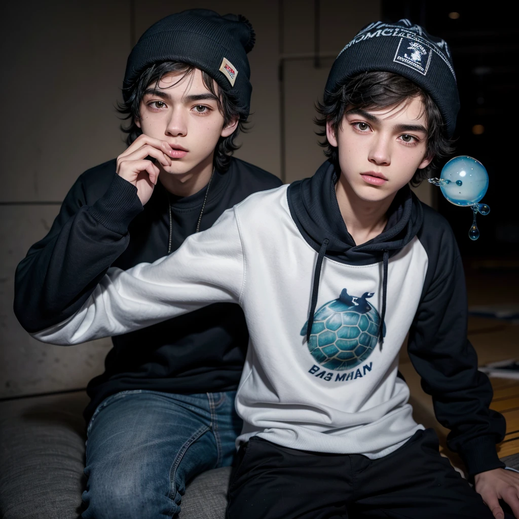 An 18 year old man with messy black hair wearing a black beanie with a navy blue sports sweater, black pants and a blue beak with white fur and semi-slanted eyes and a turtle blowing bubbles in a large dark mine