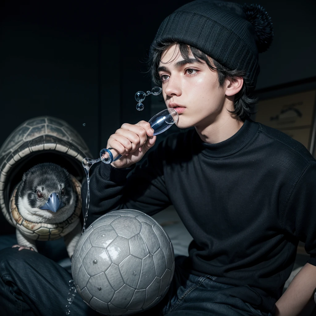 An 18 year old man with messy black hair wearing a black beanie with a navy blue sports sweater, black pants and a blue beak with white fur and semi-slanted eyes and a turtle blowing bubbles in a large dark mine