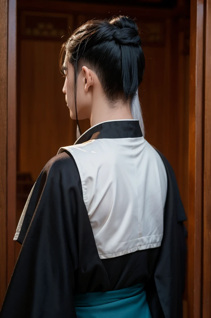 Taoist priest,Young men,20 years old,独奏,Short Ponytail,Black hair,high quality,Taoist robe,Back,No face,