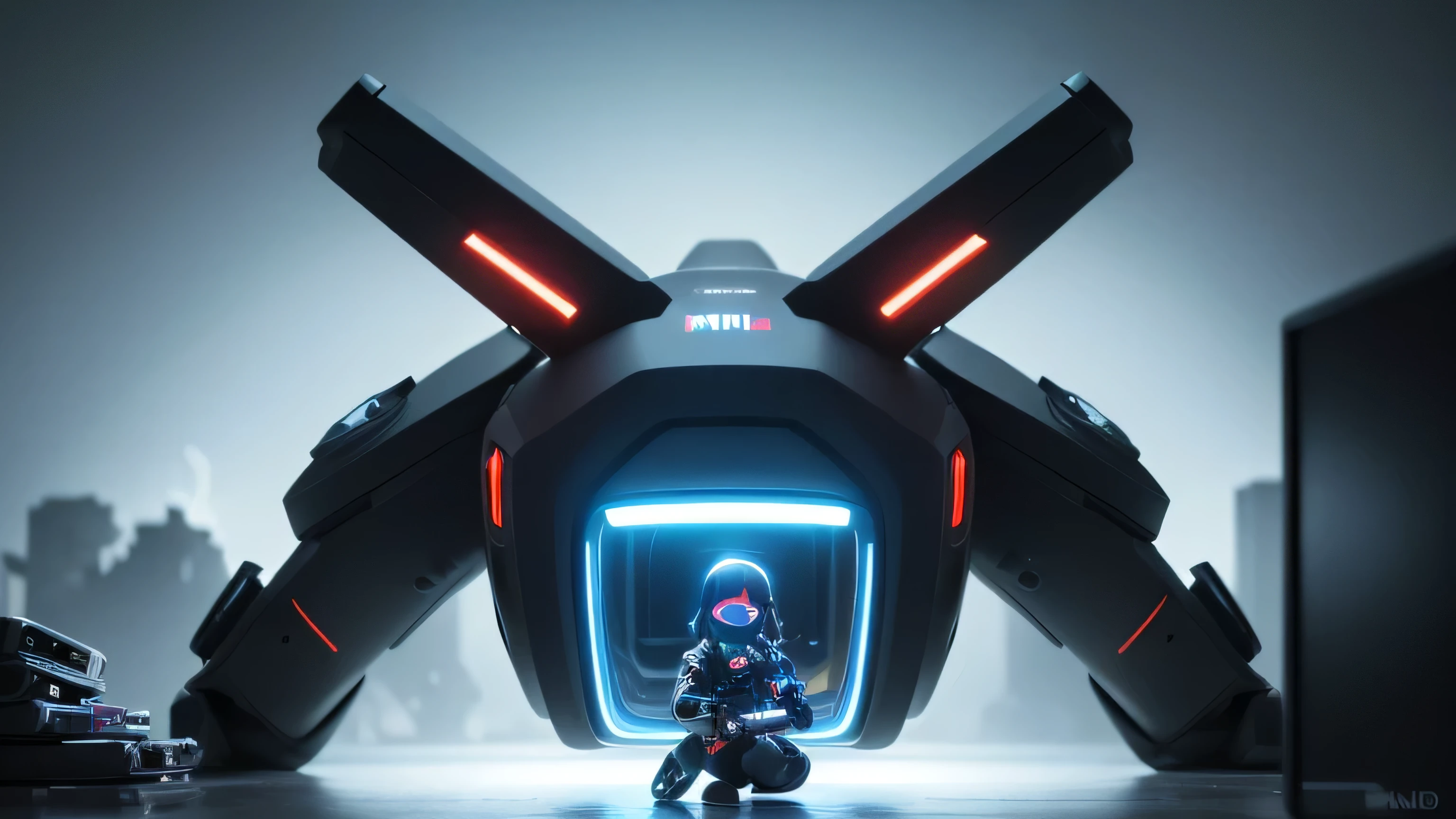 (Mii Beta, YouTube channel: Mii) Mii is programming in her laptop some drones. Mii is in her secret basement, with some drones behind her. Some drones are cute, some are fighing drones. Mii has blue eyes, short black hair with a red stripe.
(Masterpiece, professional work, award winning) , ultra realistic illustration, biochemical android cyberpunk, ultra detailed cyberpunk, hyper realistic color splash art, Unreal minimalism with octane render, depth of field with bokeh, (Epic composition, epic proportion, epic fantasy) , cinematic lighting, volumetric lighting, vibrant color, RAW photo, professional photography, sc-fi, UHD, DSLR, 8k, cinematic angle