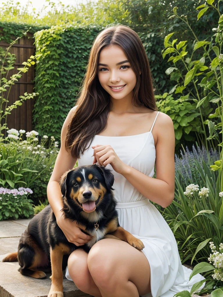 A beautiful garden picture for girl a smile and girl hand beautiful dog.