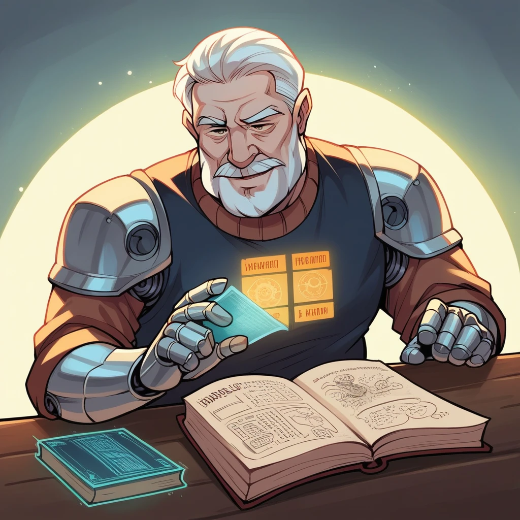 Create a high-resolution, hyperrealistic image of an elderly man with a white beard reading an open book. The man should be depicted in the foreground, with half of his body designed as a futuristic robot, incorporating robotic elements like metallic joints and circuitry. The book should be detailed and open, with glowing holographic text and images. The background should be subtly blurred to keep the focus on the man and the book. Use dramatic lighting to highlight the contrast between the human and robotic elements, and include soft glows on the holographic book."