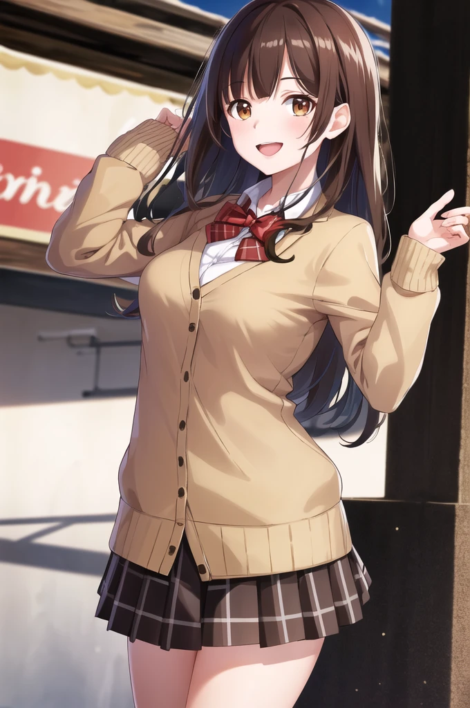 masterpiece, best quality, high resolution, 1 Girl, Brown hair, Long hair, Bangs, Brown eyes, Medium breasts, Red bow tie, , Black jacket, Cardigan jacket, Brown cardigan, White shirt, Black skirt, Plaid skirt, Smile, open mouth, Put your hands behind your back, Lean forward, amusement park,