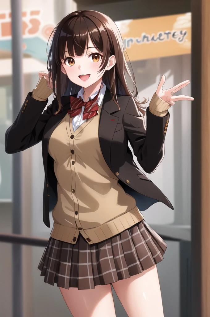 masterpiece, best quality, high resolution, 1 Girl, Brown hair, Long hair, Bangs, Brown eyes, Medium breasts, Red bow tie, , Black jacket, Cardigan jacket, Brown cardigan, White shirt, Black skirt, Plaid skirt, Smile, open mouth, Put your hands behind your back, Lean forward, amusement park,