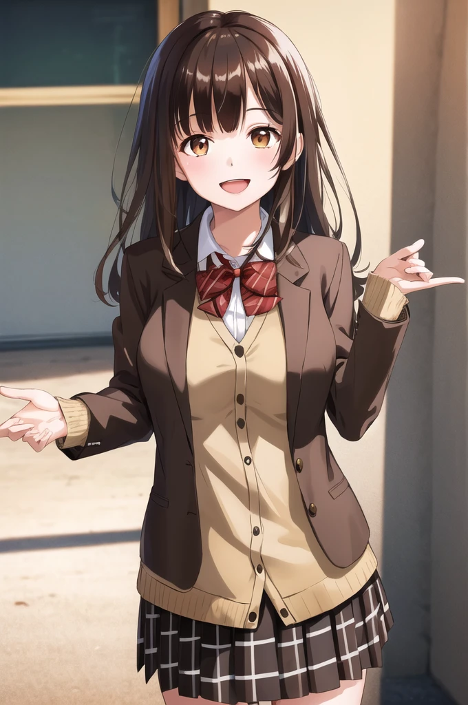 masterpiece, best quality, high resolution, 1 Girl, Brown hair, Long hair, Bangs, Brown eyes, Medium breasts, Red bow tie, , Black jacket, Cardigan jacket, Brown cardigan, White shirt, Black skirt, Plaid skirt, Smile, open mouth, Put your hands behind your back, Lean forward, amusement park,