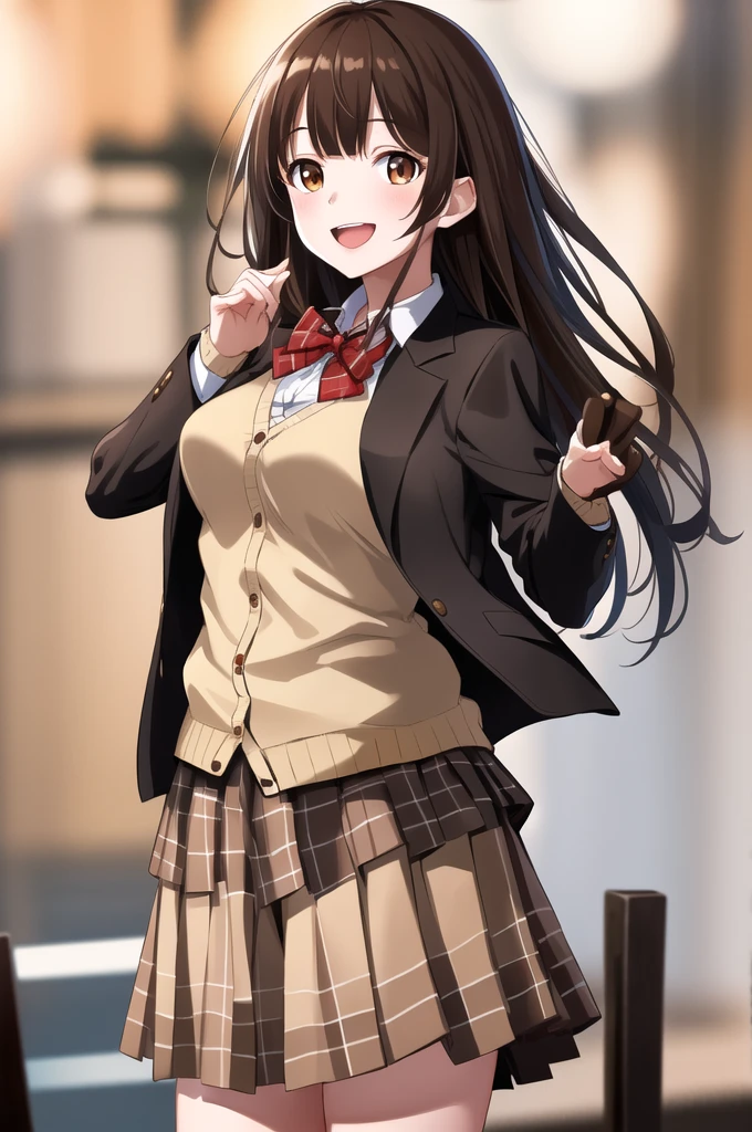 masterpiece, best quality, high resolution, 1 Girl, Brown hair, Long hair, Bangs, Brown eyes, Medium breasts, Red bow tie, , Black jacket, Cardigan jacket, Brown cardigan, White shirt, Black skirt, Plaid skirt, Smile, open mouth, Put your hands behind your back, Lean forward, amusement park,