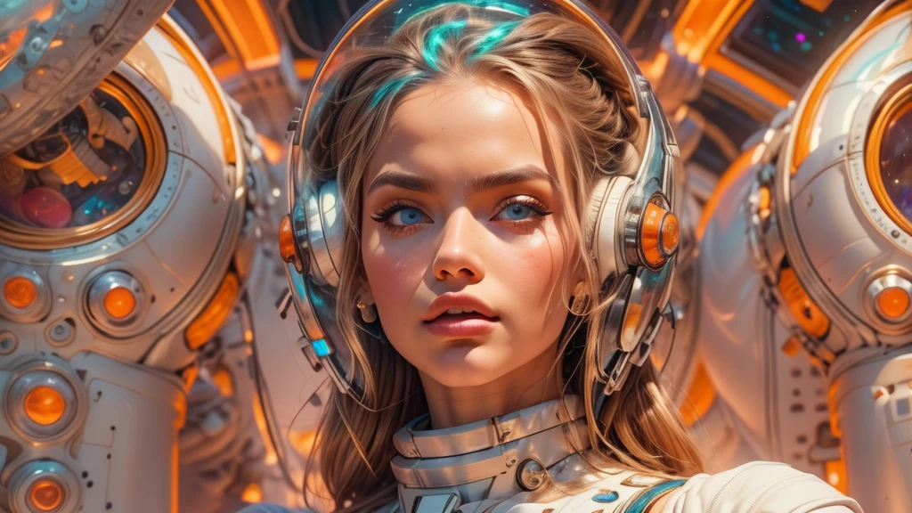 arafed image of a white woman in a futuristic suit with a spaceship in the background, movie art, in front of an orange background, inspired by Robert McGinnis, female protagonist, megastructure in the background, portrait of an ai astronaut, astronauts, an astronaut, portrait of a astronaut skeletor, perfect android girl, Highly Detailed Face and Skin Texture, Detailed Eyes, Double eyelids, perfectly detailed teeth, frank franzzeta and sakimichan