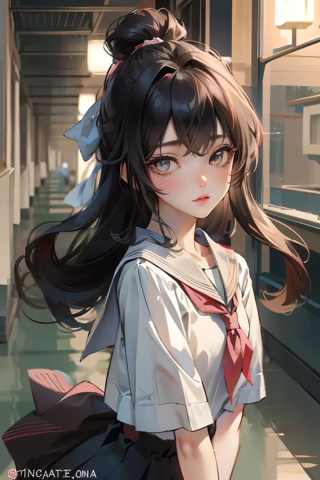 ((best quality)), ((Masterpiece)), (details:1.4), 3d, delicate big eyes,The clothes are tight.,detailsของรูม่านตาสีดำขนาดใหญ่,high school girl, fierce girl , long hair, long hair, Shiny skin, fine hair, ใบหน้าที่มีdetails, (beautiful scenery), school hallway, at night