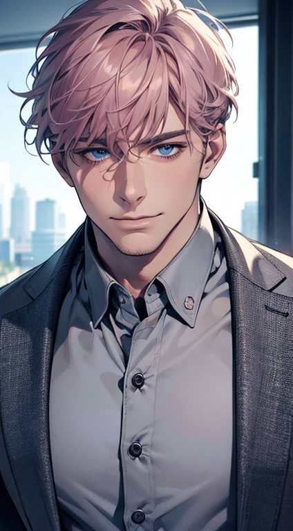 (best quality,4k,8k,highres,masterpiece:1.2),ultra-detailed,(realistic,photorealistic,photo-realistic:1.37),1 man,31 years old,mature man,very handsome,without expression smile in love,short grey pink hair,blue eyes,penetrating gaze,perfect face without errors,imposing posture,businessman,office background,cinematic lighting,hdr image