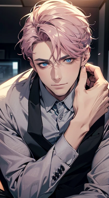 (best quality,4k,8k,highres,masterpiece:1.2),ultra-detailed,(realistic,photorealistic,photo-realistic:1.37),1 man,31 years old,mature man,very handsome,without expression smile in love,short grey pink hair,blue eyes,penetrating gaze,perfect face without errors,imposing posture,businessman,office background,cinematic lighting,hdr image