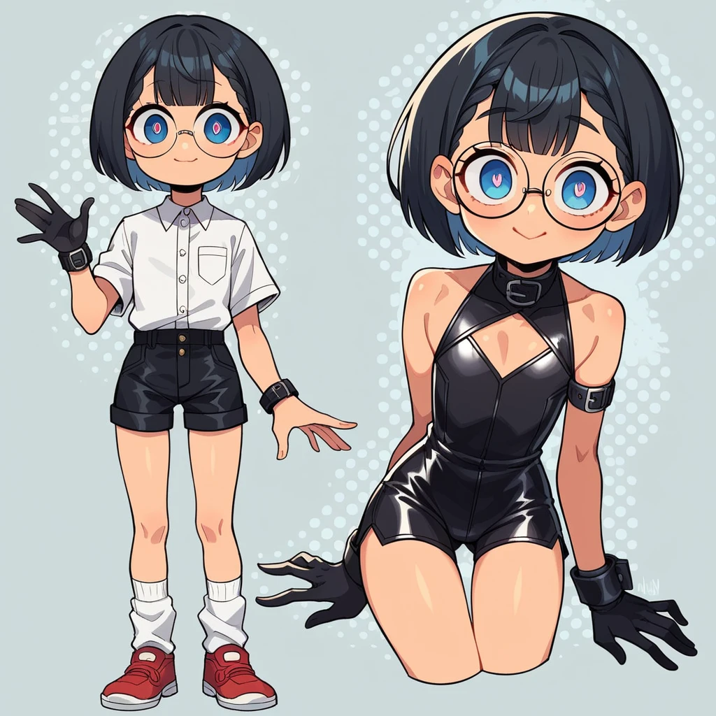 single angle, one girl, light orange skin, oval face, slightly thin black hair, blue inner color, bob cut, not trimmed hair, large blue eyes, small pink pupils, Open eyes, round ears, flat chest, sleeveless white business shirt, shirt out, wide cuffs, wide leg plain black shorts rolled up cuffs, white socks, black choker, Red sneakers, wearing tight black leather gloves on his right hand up to the wrist, wearing tight black leather gloves on his left hand up to the wrist, plain white left chest pocket, collar wrap,White buttons, 1 super tight black armlet on the right upper arm, Nothing on the left upper arm,wearing a white watch on the left wrist, Long eyelashes ,Black under-rim glasses, thin oval eyes, thick upper arm, blue french braided behind right ear, no right side bang, thick outline, , dotted mouth, straight bang, simple background, hands on own chest, smiling