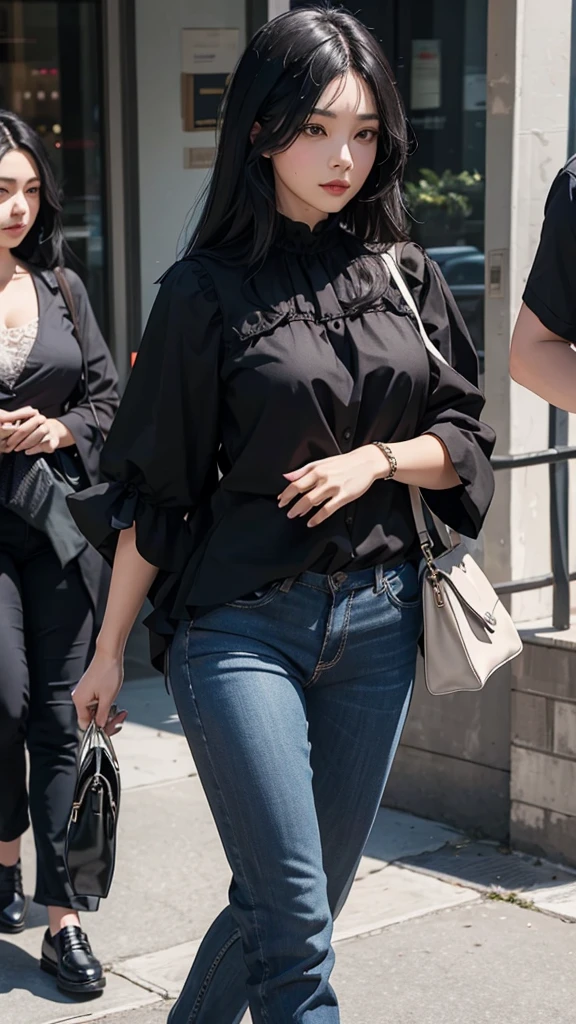 A woman with black hair and a black blouse is walking by
