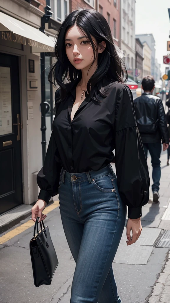 A woman with black hair and a black blouse is walking by