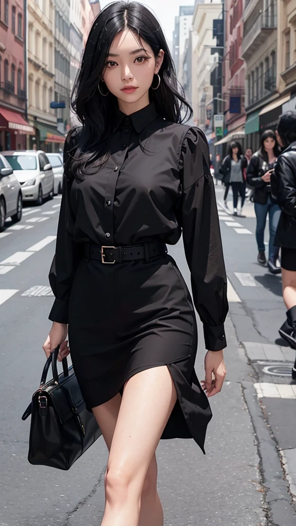 A woman with black hair and a black blouse is walking by