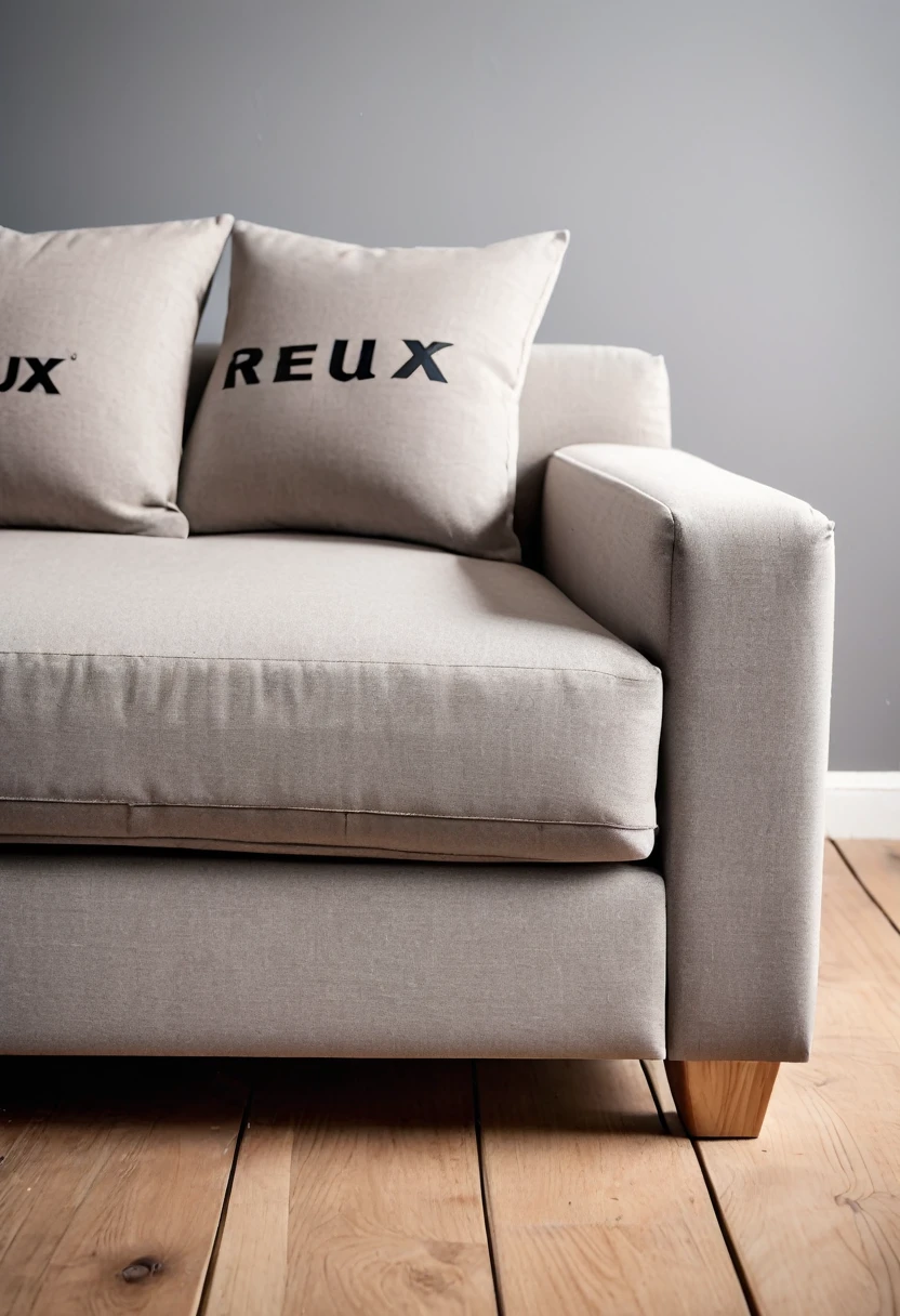 Product Photography, Close-up sofa in living room with text "Relux" Branding on wooden boards,