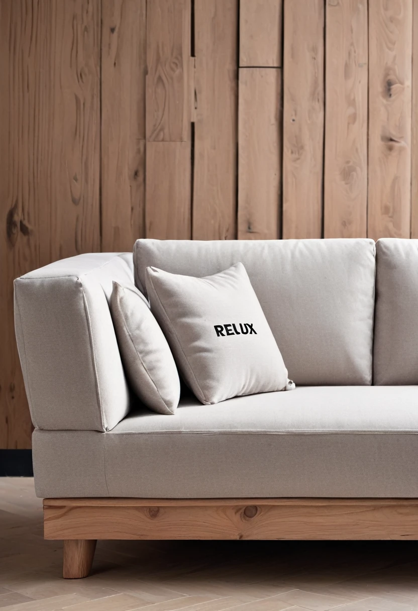 Product Photography, Close-up sofa in living room with text "Relux" Branding on wooden boards,