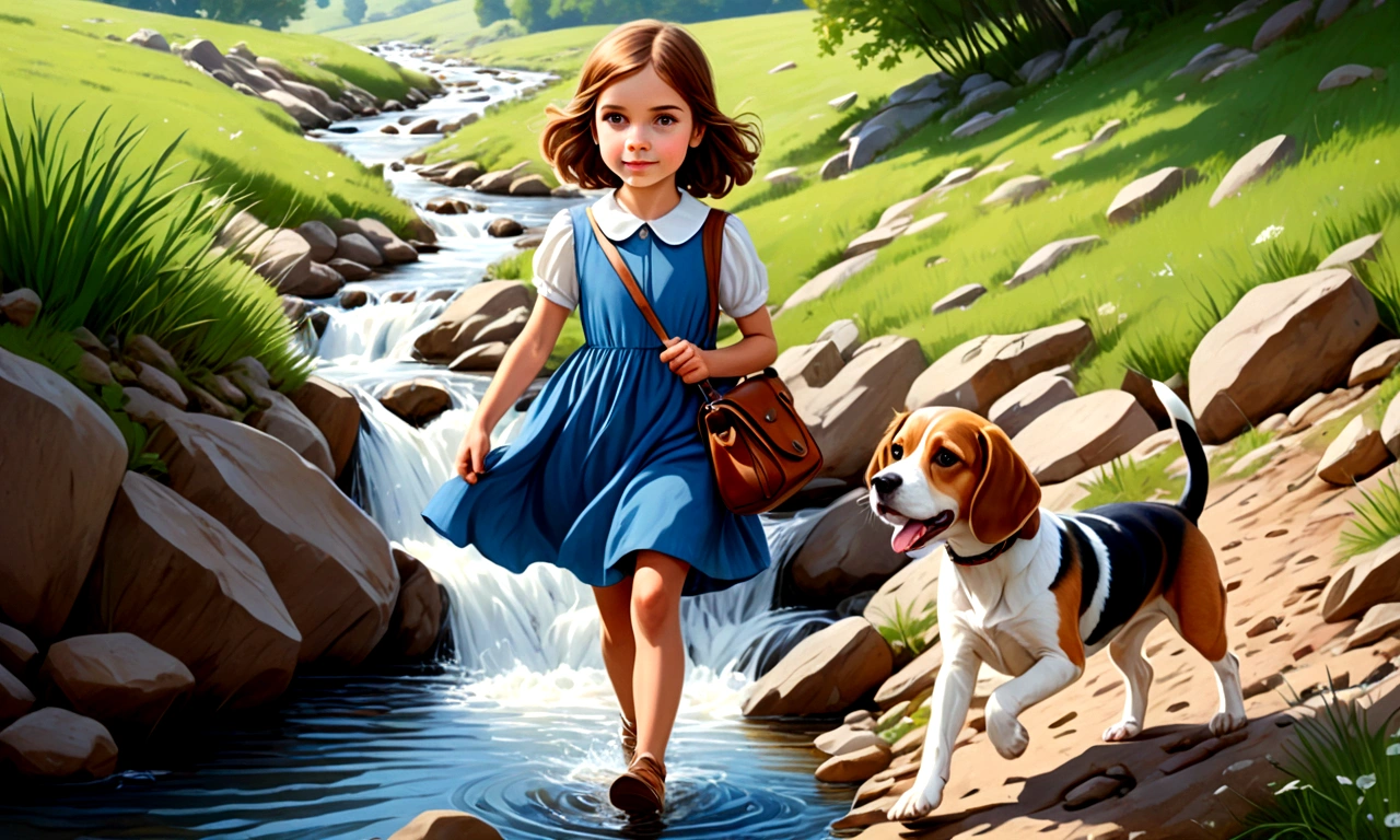 Draw a young girl (( very young)), brown hair and blue dress,(( glad)),  crossing a stream and climbing a hill,  a leather bag.  By his side a brown and white beagle.