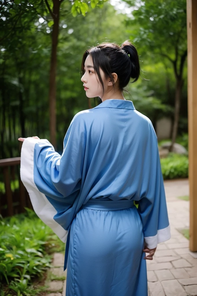 Taoist priest,Young men,20 years old,独奏,Short Ponytail,Black hair,high quality,Taoist robe,Back,No face,