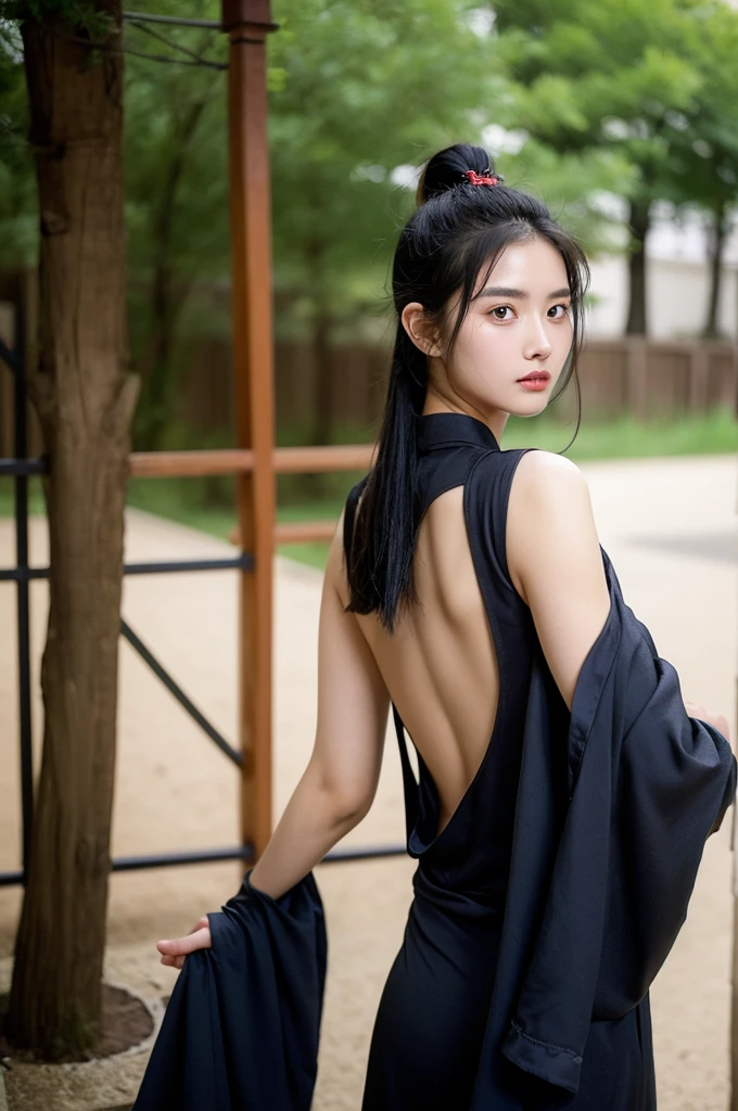 Taoist priest，Young men，20 years old，独奏，Short Ponytail，Black hair，high quality，Taoist robe，Back，No face，