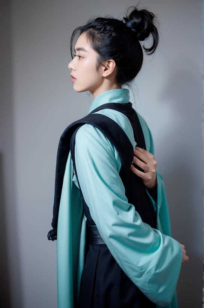 Taoist priest,Young men,20 years old,独奏,Short Ponytail,Black hair,high quality,Taoist robe,Back,No face,