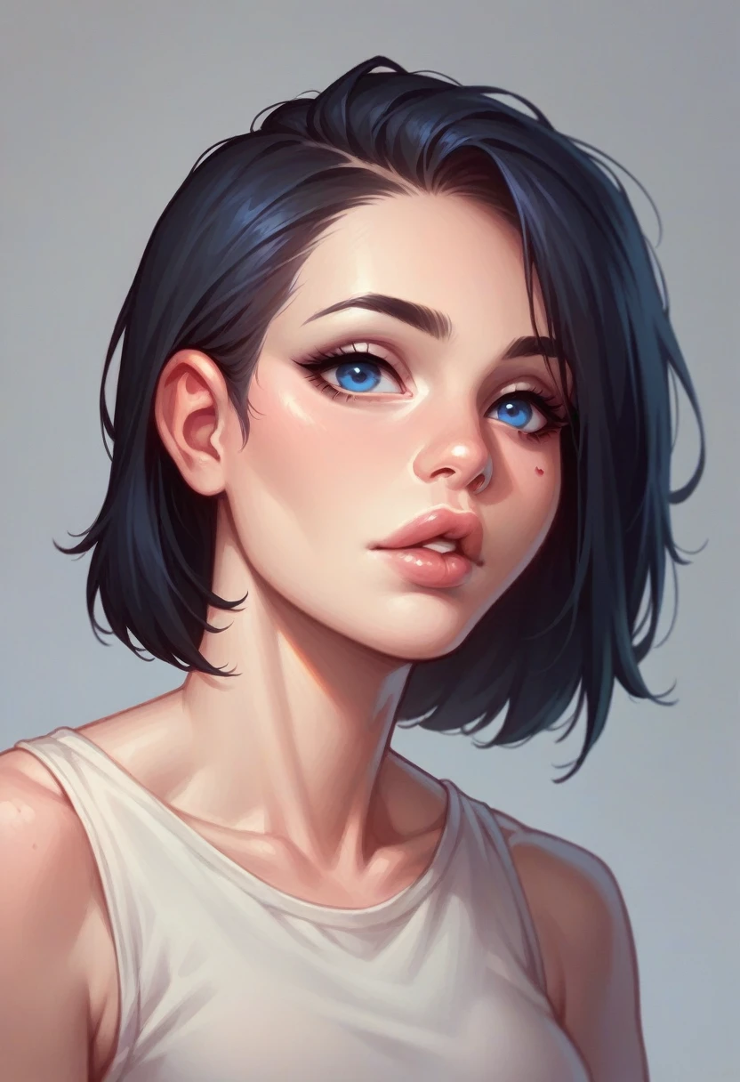 realist,chica sexy, white, dark hair, blue eyes, imposing look, full lips, small nose, thin face, adolescent