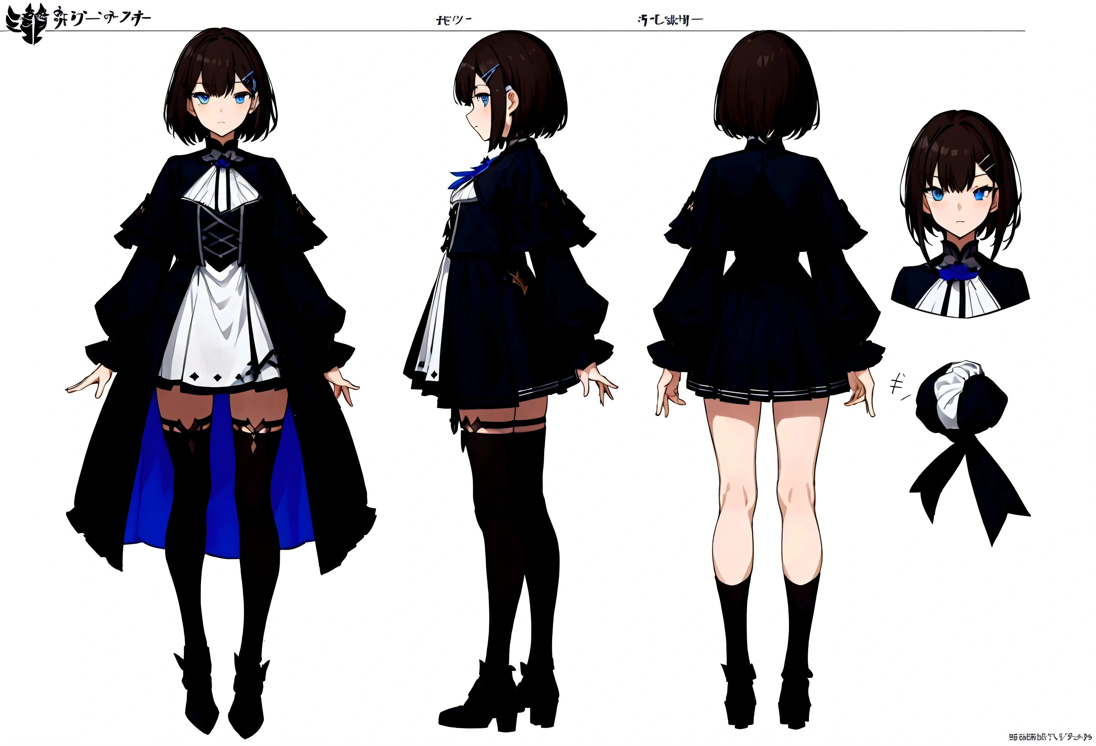 (masterpiece, best quality), ((character design sheet, same character, 2 different views, front and back, clothing part)), ((full body)), reference, drawing reference, character reference, simple detailed body, simple outfit, ((dark hair)), medium hair, messy hair, blue eyes, (Frieren: After The End), Fate/Grand Order, ((hair clip)), hair accesories, mysterious, single black thigh high, expressions,