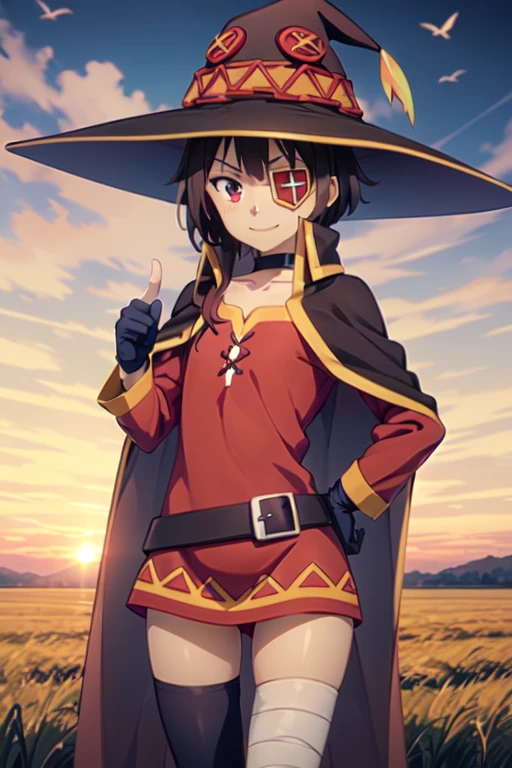 1girl,red eyes,short hair,brown hair,choker,collarbone,eyepatch,short hair with long locks,sidelocks,good hand,small breasts,smile,smug,witch hat,black cape,black thighhighs,bandages,red dress,black gloves,single thighhigh,belt,orange boots,asymmetrical legwear,bandaged leg,long sleeves,fingerless gloves, thumb up, one hand on hip,form side,low view,(masterpiece:1,2), best quality, masterpiece, highres, original, extremely detailed wallpaper, perfect lighting,(extremely detailed CG:1.2), grass field, beautiful sunset, beautiful cloudy sky, strong wind, bird on the sky