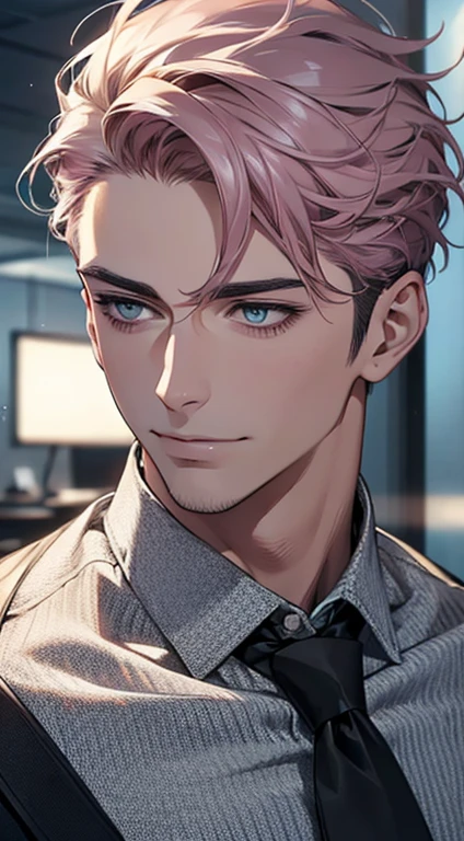 (best quality,4k,8k,highres,masterpiece:1.2),ultra-detailed,(realistic,photorealistic,photo-realistic:1.37),1 man,31 years old,mature man,very handsome,without expression smile in love,short grey pink hair,blue grey eyes,penetrating gaze,perfect face without errors,imposing posture,businessman,office background,cinematic lighting,hdr image