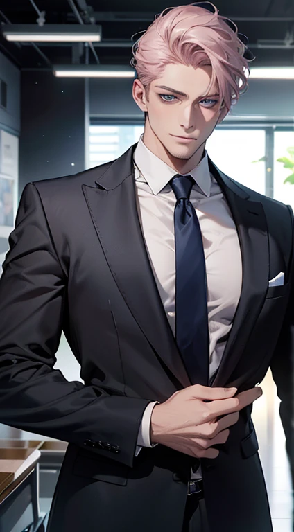 (best quality,4k,8k,highres,masterpiece:1.2),ultra-detailed,(realistic,photorealistic,photo-realistic:1.37),1 man,31 years old,mature man,very handsome,without expression smile in love,short grey pink hair,blue grey eyes,penetrating gaze,perfect face without errors,imposing posture,businessman,office background,cinematic lighting,hdr image