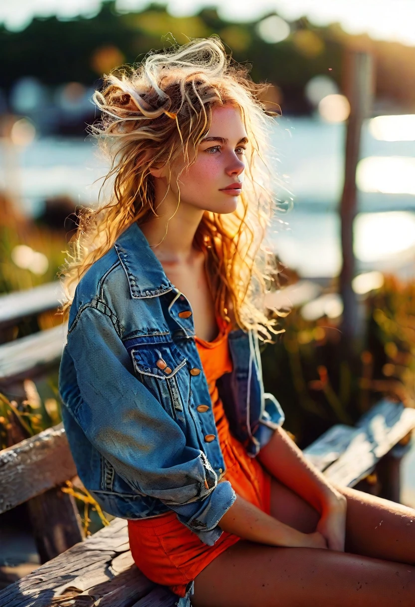 A warm summer day in the 80s, a ager girl sits comfortably on a worn wooden bench, mere steps from the sun-kissed beach. Her bright orange swimsuit, cut off at the knees, showcases toned legs and a carefree spirit. A faded denim jacket slung over her shoulder adds a touch of laid-back charm. The soft focus of the background blurs out the ocean's waves, while the golden light casts a warm glow on her sun-bleached hair.