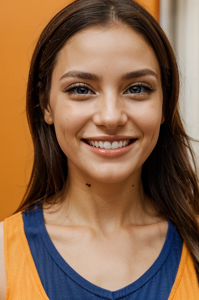cheerful grin, vibrant eyes, orange eyes