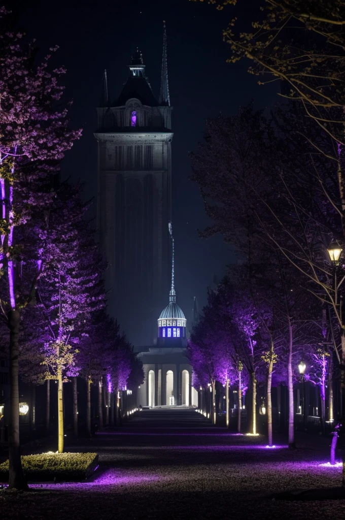 Poupée demoniaque, arbres morts, fleurs mauve et or, ambiance glauque, lune électrique. Dark academia style university in the middle, big, luxurious, modern