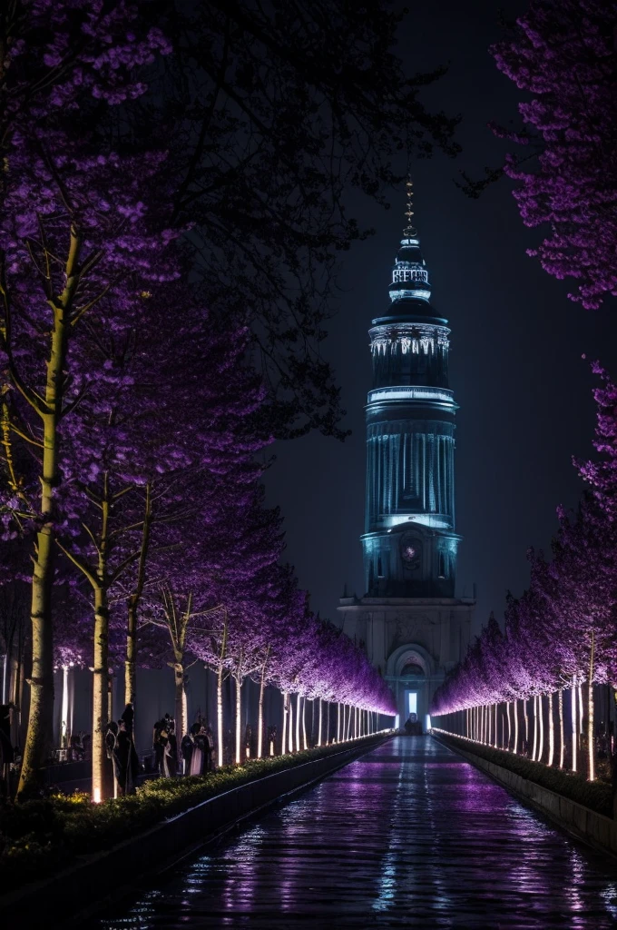Poupée demoniaque, arbres morts, fleurs mauve et or, ambiance glauque,  lune électrique. Dark academia style university in the middle, big, luxurious, modern