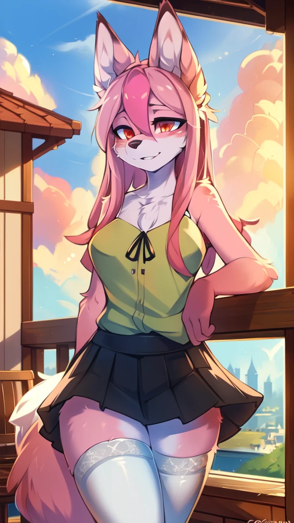 from Kenketa, Ross Tran, Ruan Jia, mumps, Foxovh, от zackary911, от Hyattlen, on a terrace, by Fumiko, от Pixelsketcher, by Bayard Wu, Thomas Benjamin Kennington, from Einshelm, from Kilina, by Coffeesoda, from Hyoshiru, from down-kevlar, от r-mk, by Dimwitdog, fluffy, Nazuna_hiwatasi, antro, Female, One, standing, mocking look, (half-closed eyes), pink hair, pink tail, (white for girls, blues skirt, high stockings), (Red eyes), olhos para trás, (enormes breasts, hips), (Fox), (hands fazendo sinal da paz), (pink body, two-tone fur),