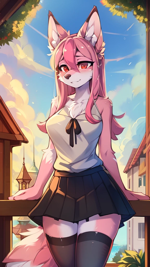 from Kenketa, Ross Tran, Ruan Jia, mumps, Foxovh, от zackary911, от Hyattlen, on a terrace, by Fumiko, от Pixelsketcher, by Bayard Wu, Thomas Benjamin Kennington, from Einshelm, from Kilina, by Coffeesoda, from Hyoshiru, from down-kevlar, от r-mk, by Dimwitdog, fluffy, Nazuna_hiwatasi, antro, Female, One, standing, mocking look, (half-closed eyes), pink hair, pink tail, (white for girls, blues skirt, high stockings), (Red eyes), olhos para trás, (enormes breasts, hips), (Fox), (hands fazendo sinal da paz), (pink body, two-tone fur),