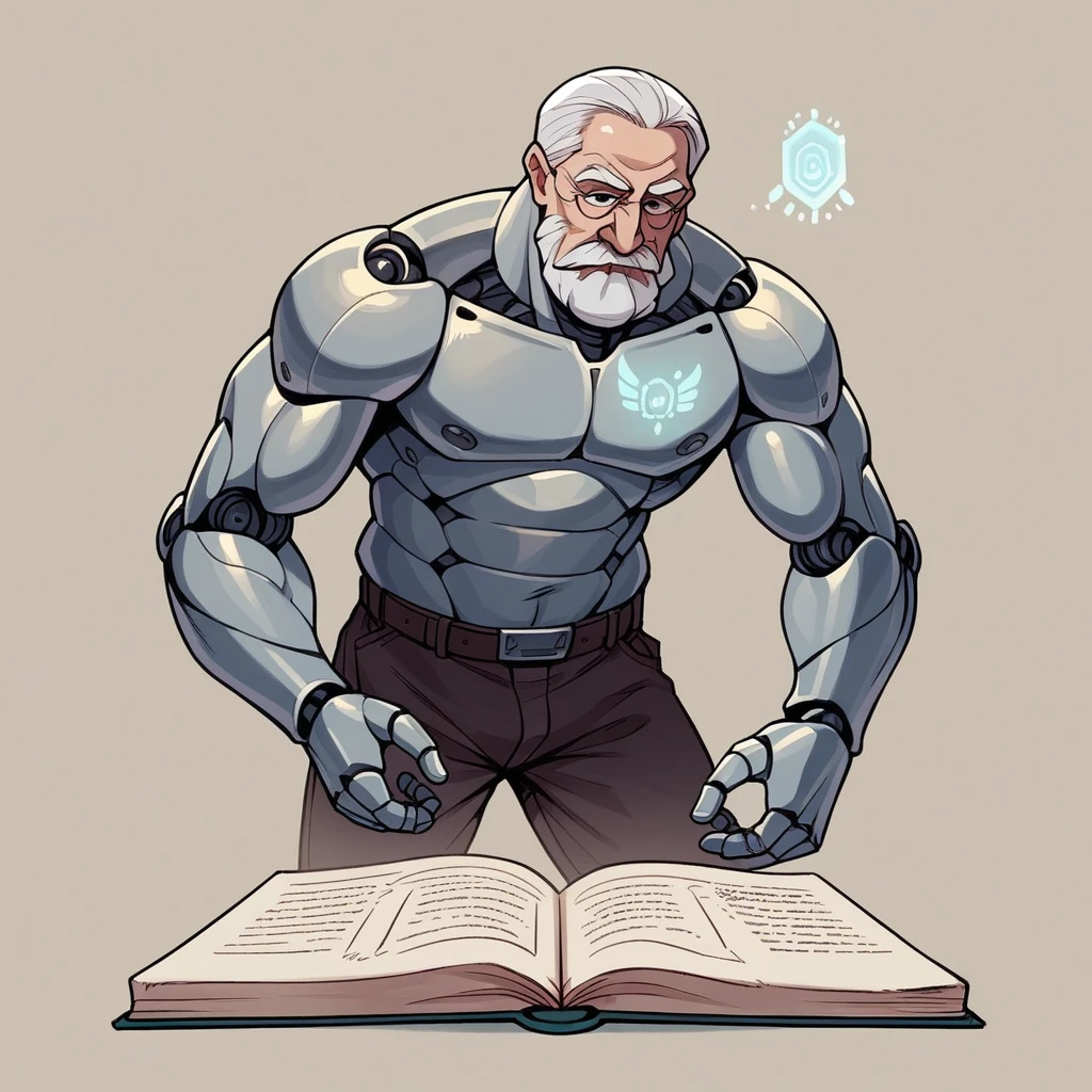 Create a high-resolution, hyperrealistic image of an elderly man with a white beard reading an open book. The man should be depicted in the foreground, with half of his body designed as a futuristic robot, incorporating robotic elements like metallic joints and circuitry. The book should be detailed and open, with glowing holographic text and images. The background should be subtly blurred to keep the focus on the man and the book. Use dramatic lighting to highlight the contrast between the human and robotic elements, and include soft glows on the holographic book."