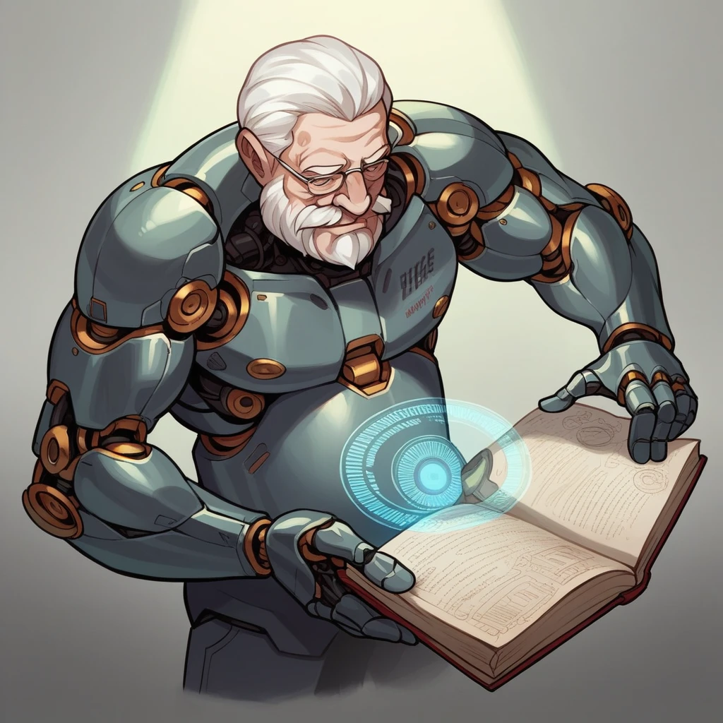 Create a high-resolution, hyperrealistic image of an elderly man with a white beard reading an open book. The man should be depicted in the foreground, with half of his body designed as a futuristic robot, incorporating robotic elements like metallic joints and circuitry. The book should be detailed and open, with glowing holographic text and images. The background should be subtly blurred to keep the focus on the man and the book. Use dramatic lighting to highlight the contrast between the human and robotic elements, and include soft glows on the holographic book."