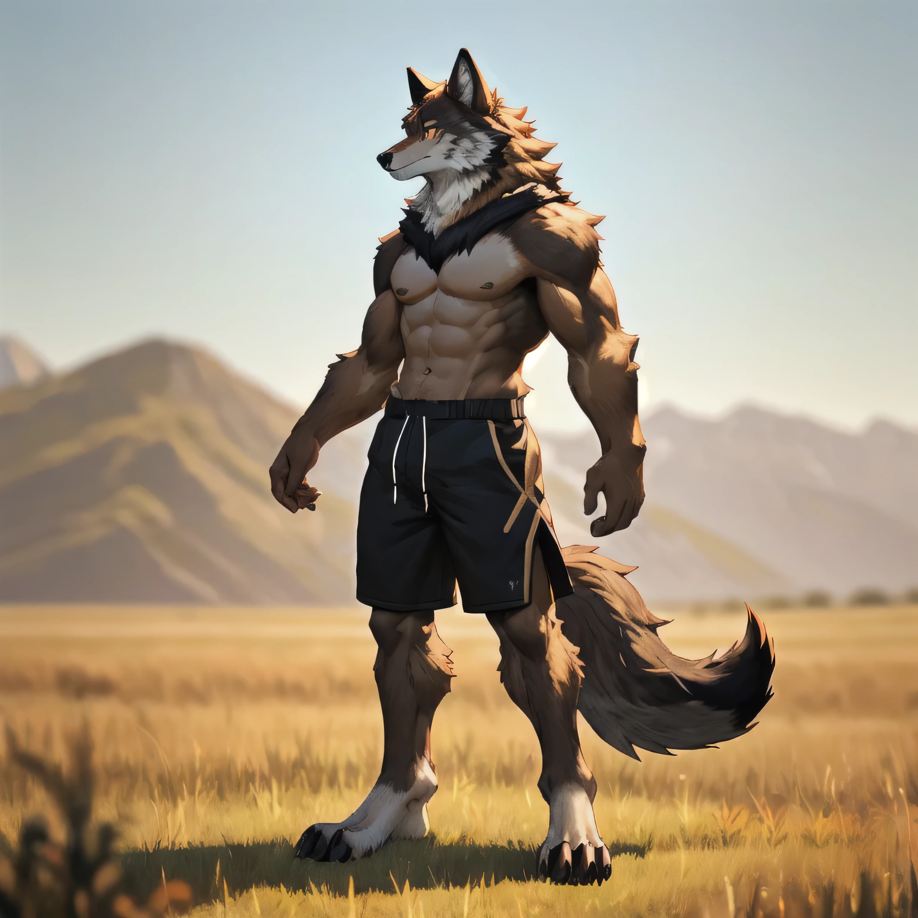 furry,male,anthropology(Prairie wolf),high quality,Correct structure,Brown fur,masterpiece,Depth of Field,Standing,black shorts,Full body portrait,strong,character profile,front,side,feature,open chest