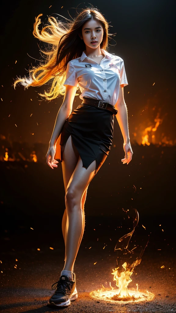 (fire element:1.2), knee shot, It consists of fire element,fire, transparency, burning, Frame print,burning hair,smoke,cloud,chopped, girl engulfed in flames, Flames fly and sparks scatter,mano burning,translucent luminescence, 18s woman in thai university uniform, long straight fire hair, white short-sleeve shirt, black tight mini skirt, brown belt, white sneakers, masterpiece:1.2, high detail, realistic, cinematic scene, fire goddess, slim and perfect figure, perfect body proportion,k, 16k, close up, portrait photo, dynamic powerful sexy pose, dynamic compositions, fire dress