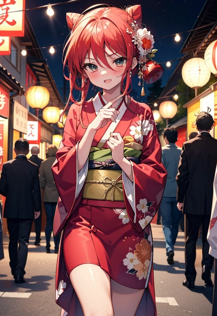 Shana,灼眼のShana,Long Hair, Red hair,Red eyes,Ahoge,smile,blush,Open your mouth,Hair Bun, single Hair Bun,blush,Red Kimono,Thick sleeves,Red long skirt,日本のfestival,夏festivalの屋台,Red lantern,So that the whole body goes into the illustration,Walking, break looking at viewer, Upper Body (Cowboy Shot:1. 5), break outdoors, shrine,festival, break (masterpiece:1.2), Highest quality, High resolution, unity 8k wallpaper, (shape:0.8), (Beautiful and beautiful eyes:1.6), Highly detailed face, Perfect lighting, Highly detailed CG, (Perfect hands, Perfect Anatomy),