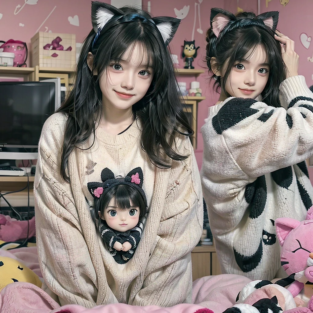 ((best qualityer)), ((work of art)), (detailded), 1 girl, ombro to ombro sweater, sweet with white skin, black eyes, wavy black hair with bangs, casual style clothes, anime print blouse ((Kimetsu no yaba)), wearing cat ear headphones,background a pink gamer room, ((no people in the background)), looking straight ahead,realisitic,Smiling for the camera,waving,in the background on the right side your bed with stuffed animals on top,Kuromi and Hello Kitty plush,on the left side a gaming computer