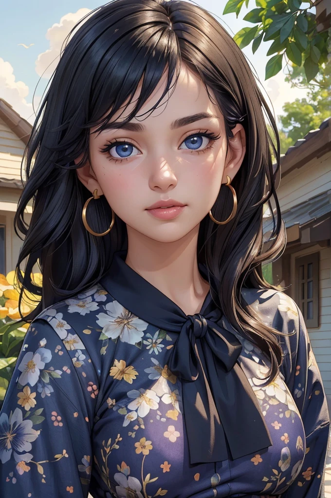 (((Masterpiece, Best Quality, High Resolution)))), Extremely detailed 8K, (Ultra HD, Ultra-detailed, Highly detailed, Highly realistic, Ultra-realistic, photograph realistic), (HD Quality), sharp focus, (Close up shot), Italian, , Ivory skin tone, round face, Chubby, ((Dark Blue eyes eyes, round eyes)), ((Heavy lower lips, smokey eyeliner)), ((Black layers of thick hair)), Gold floral earrings, (((Summer Floral Indigo blouse))), (looks directly at the camera, slight smile), Neighborhood background, Ranch Style House with a Canada flag, (Focusing on the face, smooth skin texture, sun shining bright)