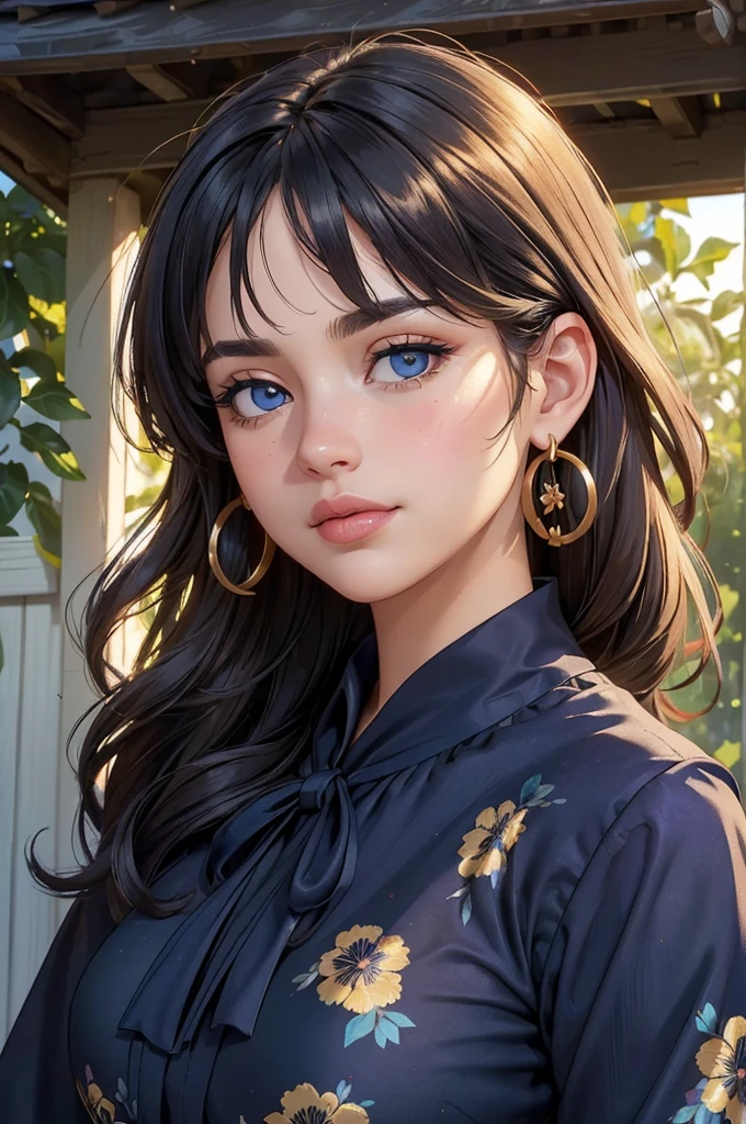 (((Masterpiece, Best Quality, High Resolution)))), Extremely detailed 8K, (Ultra HD, Ultra-detailed, Highly detailed, Highly realistic, Ultra-realistic, photograph realistic), (HD Quality), sharp focus, (Close up shot), Italian, 15 years old, Ivory skin tone, round face, Chubby, ((Dark Blue eyes eyes, round eyes)), ((Heavy lower lips, smokey eyeliner)), ((Black layers of thick hair)), Gold floral earrings, (((Summer Floral Indigo blouse))), (looks directly at the camera, slight smile), Neighborhood background, Ranch Style House with a Canada flag, (Focusing on the face, smooth skin texture, sun shining bright)