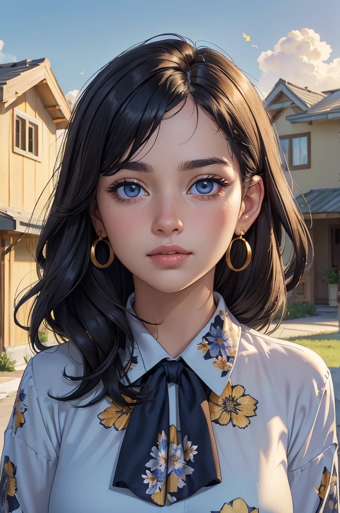 (((Masterpiece, Best Quality, High Resolution)))), Extremely detailed 8K, (Ultra HD, Ultra-detailed, Highly detailed, Highly realistic, Ultra-realistic, photograph realistic), (HD Quality), sharp focus, (Close up shot), Italian, 15 years old, Ivory skin tone, round face, Chubby, ((Dark Blue eyes eyes, round eyes)), ((Heavy lower lips, smokey eyeliner)), ((Black layers of thick hair)), Gold floral earrings, (((Summer Floral Indigo blouse))), (looks directly at the camera, slight smile), Neighborhood background, Ranch Style House with a Canada flag, (Focusing on the face, smooth skin texture, sun shining bright) 