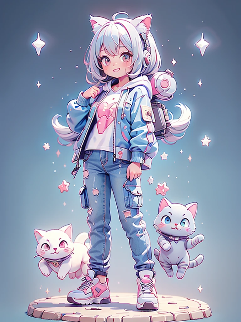 ((Highest quality，masterpiece，Extremely complex and exquisite details，A girl with gray and blue cat ears and long hair is in the center，Gray blue super long straight hair，Curly hair at the ends，Sparse air bangs，Gray and pink T-shirt，Denim hooded cropped jacket，Black and gray long cargo pants，Standing on a super cute cat))，(pink and white sneakers，Smile slightly，Surrounded by tons of cute short-legged cats，Correct anatomy)，Super Q super cute full body painting，Starry sky background vertical painting space scene