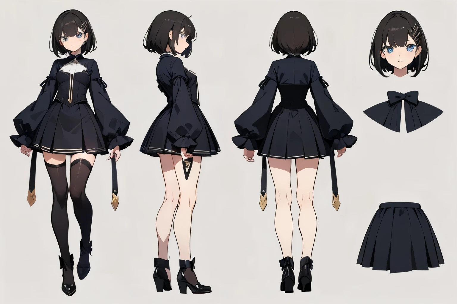 (masterpiece, best quality), ((character design sheet, same character, 2 different views, front and back)), ((full body)), reference, drawing reference, character reference, simple detailed body, simple outfit, ((dark hair)), medium hair, messy hair, blue eyes, (Frieren: After The End), Fate/Grand Order, ((hair clip)), hair accesories, mysterious, single black thigh high, expressions, short skirt